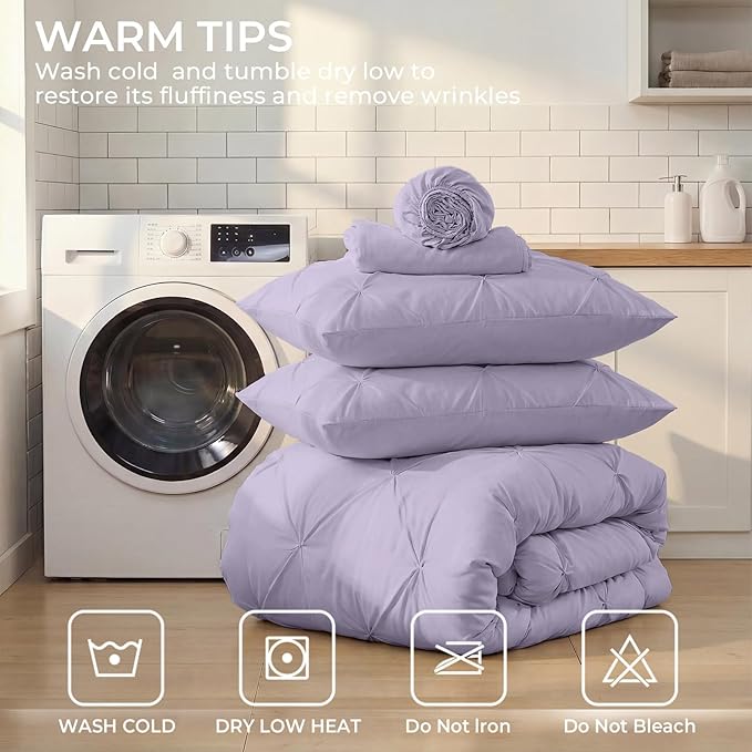 Sasttie Twin XL Comforter Set, 5-Piece Bed in a Bag, Pintuck Bedding Sets for All Season, Includes Comforter, Flat Sheet, Fitted Sheet, Pillowcase and Pillowsham, Lavender