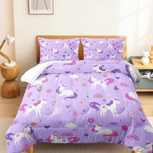 Unicorn 3 Piece Bedding Set - Violet 3 Pieces Bedding Set for Kids, Unicorn Girls Comforter Set, Rainbow Clouds Star Quilt Set (1 Comforter 2 Pillowcase), All Seasons