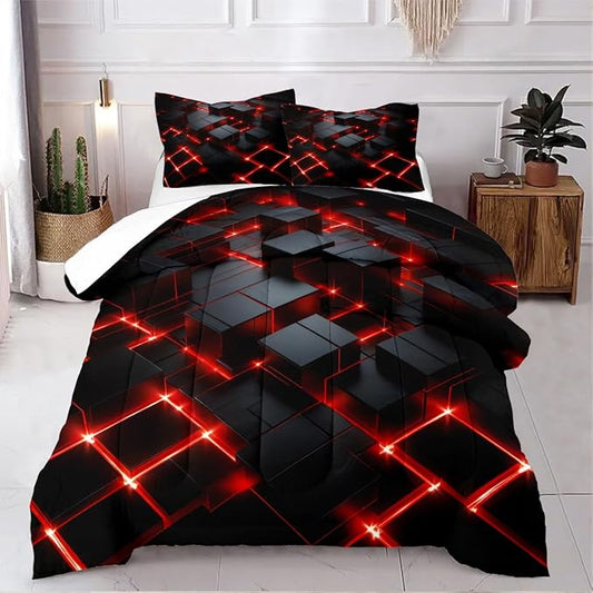 Red Black Geometric Comforter Set King Size 3D Stereoscopic Square Bedding Set Glowing Neon Geometry Bedding Sets 3 Piece Soft Microfiber Down Alternative Comforter Sets for All Season