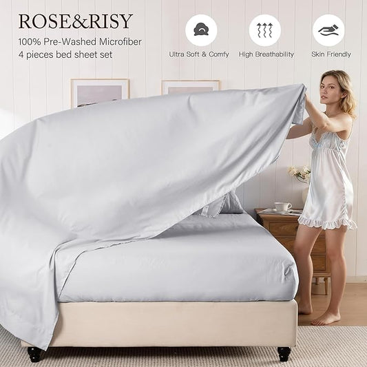 Light Grey Sheets Twin Size Sheet Set, Pre-washed Brushed Cotton-Like Microfiber, 3 Pcs Soft Breathable Sheet Set Twin,Fade Resistant, Includes 1 Fitted, 1 Flat, 1 Pillowcases(Light Grey, Twin)
