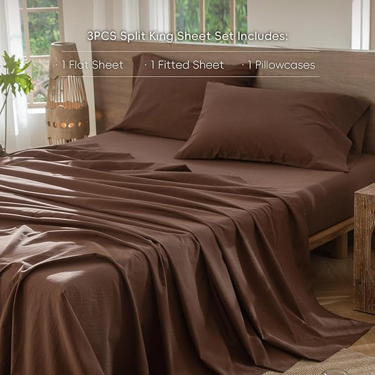 MooMee Bedding Sheet Set 100% Washed Cotton Linen Like Textured Breathable Durable Soft Comfy (Solid Cocoa Brown, California King)