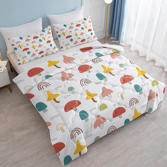SOULZZZ Girls Rainbow Mushroom Comforter Colorful Trippy Cartoon Mushroom Bed Set Twin Size for Kids Boys Teens Wild Garden Plant Rainbow Kawaii Bedding Set with 2 Pillowcases