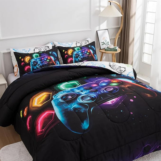 Aimuan Gamer Gaming Bedding Sets 3D Gamepad Comforter Sets for Boys Games Console Action Buttons Novelty Colorful Game Controller Modern Room Decor Home Quilt Set (Black-Multi, Queen 3PCS)