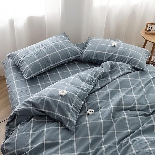 FACE TWO FACE Bedding Duvet Cover Set100% Washed Cotton Duvet Cover Linen Like Textured Breathable Durable Soft Comfy (Twin, Grey Green Grid)