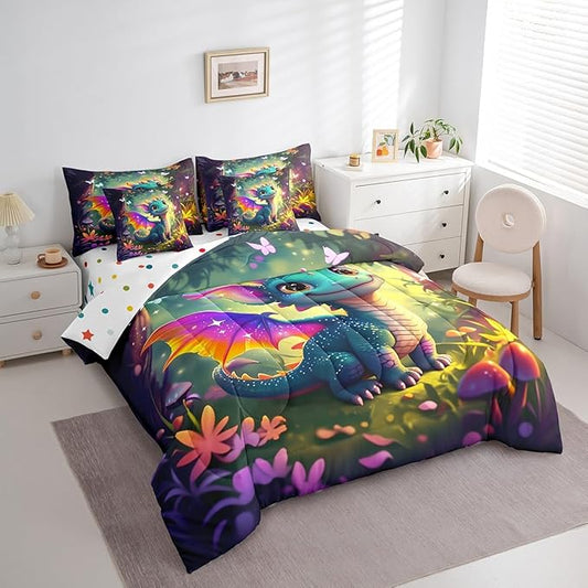 7 Pieces King Size Kawaii Dragon Comforter Set,Fantasy Fairy Tale Jungle Bedding Set for Kids Room Decor,Cartoon Magical Wildlife (Comforter+Fitted+Flat Sheet+2 Pillowcases+2 Throw Pillow Covers