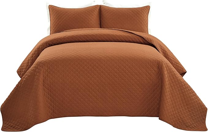 Lush Decor Ava Quilt Diamond Pattern Solid 3 Piece Oversized Bedding Blanket Bedspread Set - King - Rust