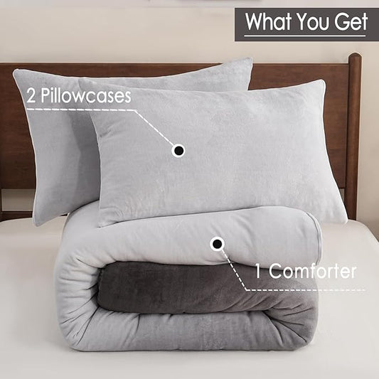 Bedbay Ombre Gray Velvety Fleece Comforter Set Queen Size Ultra Soft Plush Bedding Gradient Grey Thick Warm Cozy Winter Quilt Set with 2 Pillowcases Luxury Velvet Flannel Bedding Set 3 Pcs
