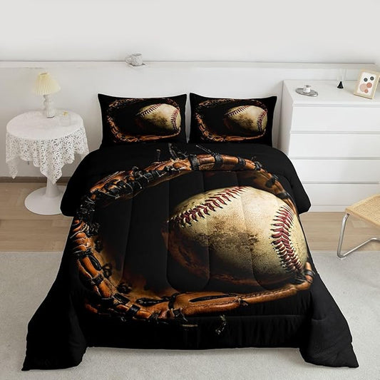 Erosebridal Baseball Comforter Set Full Size Sports Game Bedding Baseball Player Duvet Insert for Kids Boys Teens Retro Style Quilt for Room Dorm Decorative, Brown Down Comforter