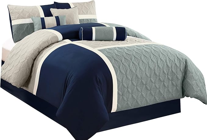 Chezmoi Collection Upland 7-Piece Quilted Patchwork Comforter Set, Navy/Blue/Gray, California King