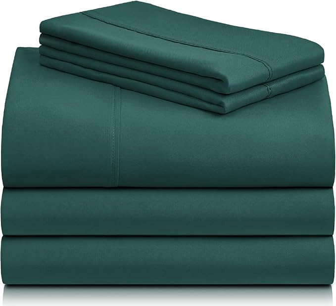 LuxClub 5 PC Split King Sheet Set, Breathable Luxury Bed Sheets, Deep Pockets 18" Eco Friendly Wrinkle Free Cooling Sheets Machine Washable Hotel Bedding Silky Soft - Emerald Split King