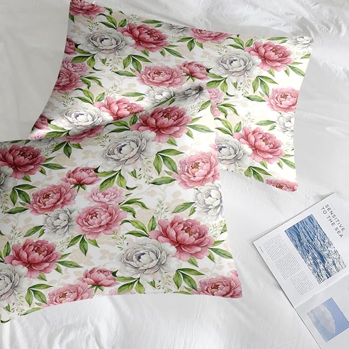 Valentine's Day Comforter Set Queen Size, Floral Botanical 7 Pcs Bedding for Kids and Adults, Peony Vintage Rose Bed Sheet Sets with Fitted Sheet 2 Pillowcases & 2 Shams for Bedroom Bed Decor
