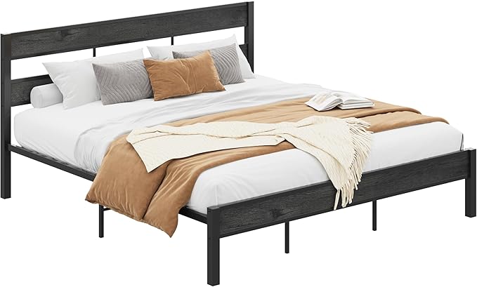 LIKIMIO King Bed Frame, with Headboard, Easy Assembly, Noise-Free, No Box Spring Needed, Heavy Strong Metal Support Frames, Charcoal Grey