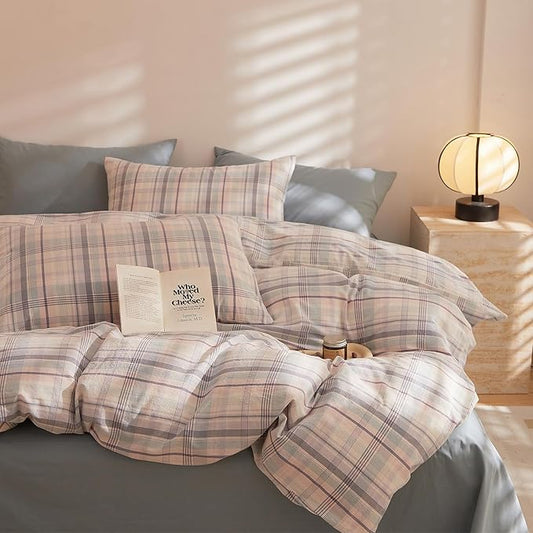 Plaid King Comforter Sets Fluffy Washed Cotton Bedding Set Down Alternative Boho Vintage Soft Bedding Comforter Sets All Season Cute Farmhouse Washable Bed Comforter with 2 Pillowcases