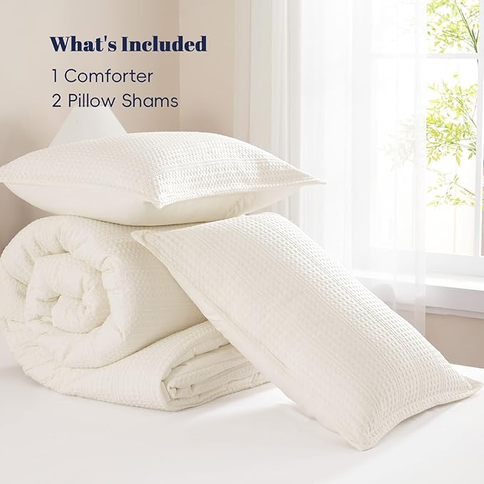 PHF Soft Waffle Comforter Set Queen Size- Comfy Breathable Waffle Weave Comforter with 2 Pillow Shams, 3 Pieces Less Snagging Lightweight Textured Bedding Set for All Season, Cream