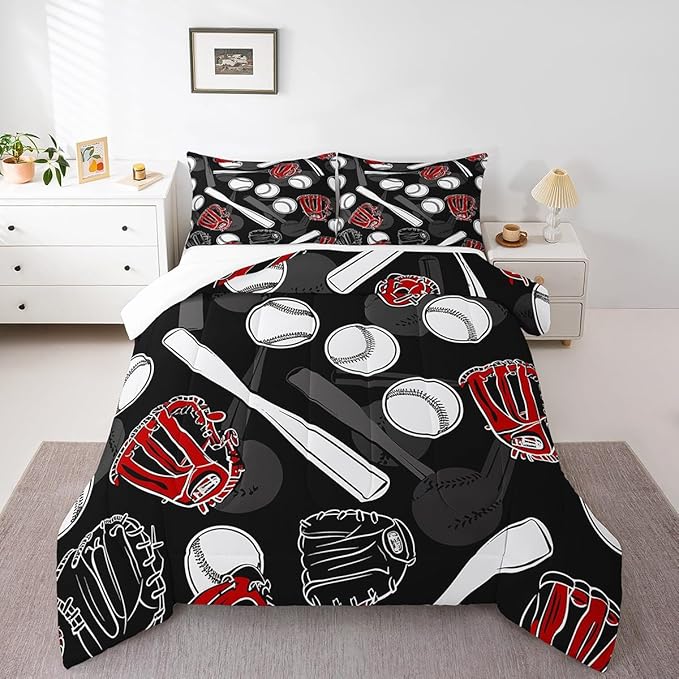 Erosebridal Baseball Comforter Set Queen Cartoon Baseballs Bedding Set 3D Ball Sport Games Bedding Comforter Sets Black White Gray Quilt Soft Bedroom Decor Gift for Teens Boys