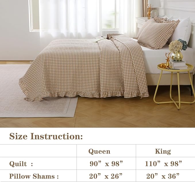 Taupe White Ruffle Gingham Quilt Set Queen Size with Pillow Shams, 100% Washed Cotton Yarn-Dyed Quilted Bedspread Bedding Set (Taupe, Queen)