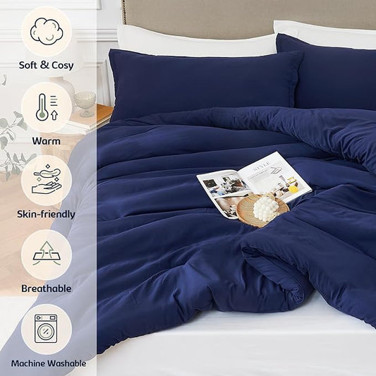 Oversized Queen Comforter Sets Navyblue,3PCS Soft Lightweight Breathable Bedding Comforter Sets for All Season, Queen XL(98''ร98'' Comforter & 2 Pillowcases)