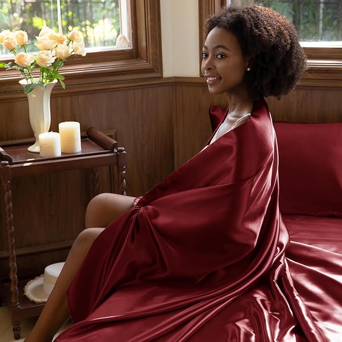 CozyLux Satin Sheets King Size Sheet Set - 4 Piece Silky King Sheets, Luxury Burgundy King Bed Set with Smooth and Soft Microfiber, Includes 1 Fitted Sheet, 1 Flat Sheet and 2 Pillowcases