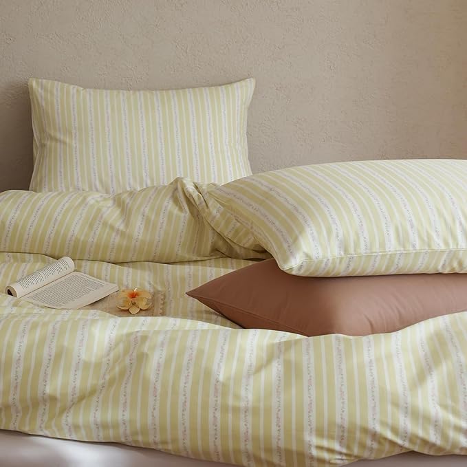 Floral Comforter King Yellow Striped Bedding Set Fluffy Cotton Down Alternative Girls Bedding Comforter Sets Cozy Boho Stripe Light Weight Bed Comforter with 2 Pillowcases