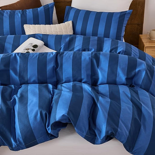 Merryword Blue Striped Duvet Cover Set King Size, 100% Natural Cotton Linen Like Duvet Cover Set with Zipper Closure & 8 Corner Ties, Dark Blue Soft Reversible Bedding for All Seasons