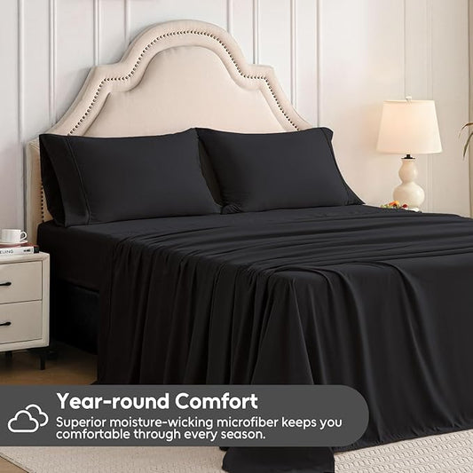 Twin Sheets Set, 3 Pieces Hotel Luxury Soft Microfiber Bed Sheets Set, Up to 16" Deep Pockets, Oeko-Tex Sheets with Elastic, Breathable, Wrinkle Free(Black,Twin)