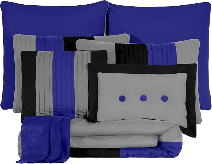 Chezmoi Collection Loft 8-Piece King Comforter Set, Gray/Blue/Black Luxury Striped Bedding for All Season
