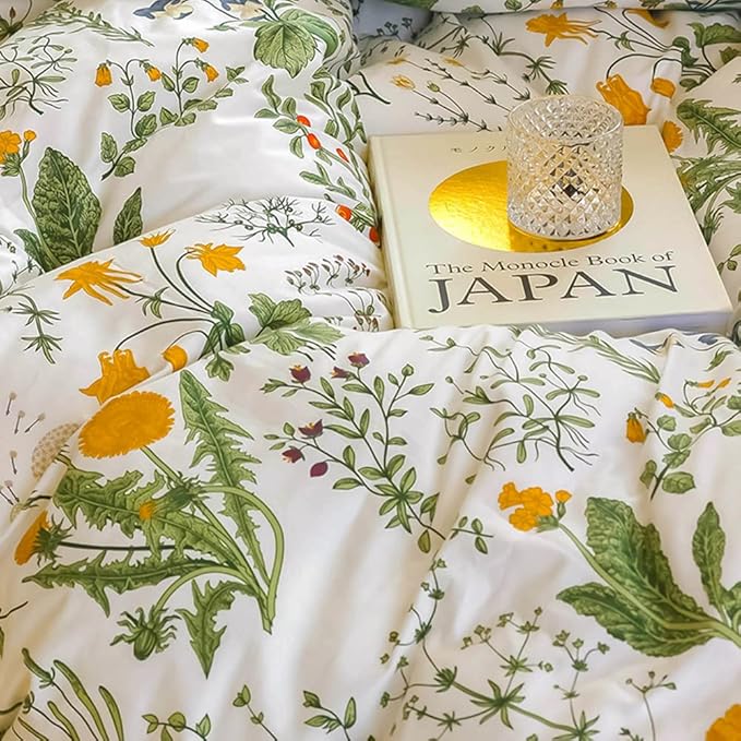 CLOTHKNOW Green White Floral Queen Comforter Set Farmhouse Bedding Comforter Sets Botanical Comforter with 2 x Pillow Cases