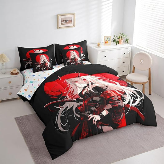 Erosebridal Twin Japanese Anime 7 Piece Comforter Set for Kids, Anime Girl Bed in A Bag Kawaii Japanese Style Bedding Set Cartoon Japan Animation Bed Set for Boys Teen Adult Women Bedroom