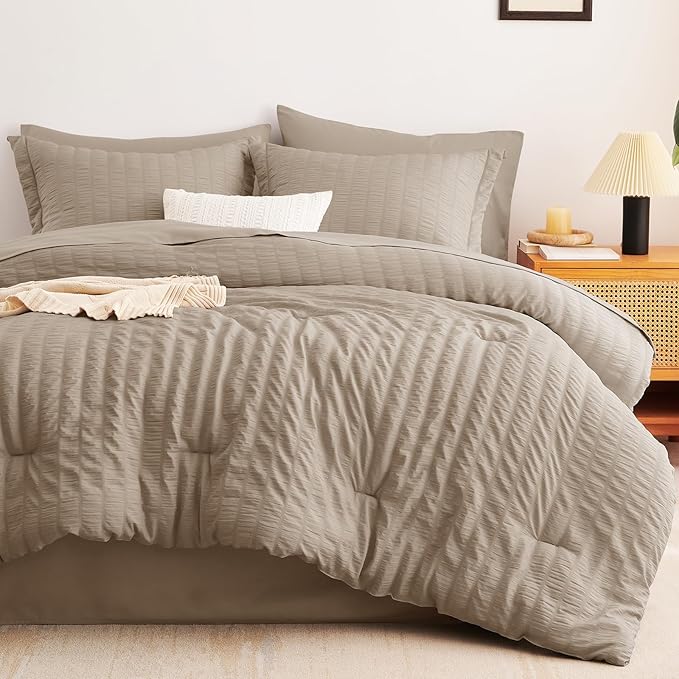 CozyLux King Size Comforter Set Khaki Seersucker 7 Pieces Bed in a Bag King Comforter Set with Sheets, Luxury Soft Bedding Sets with Down Alternative Comforter, Sheets, Pillowcases & Shams All Seasons