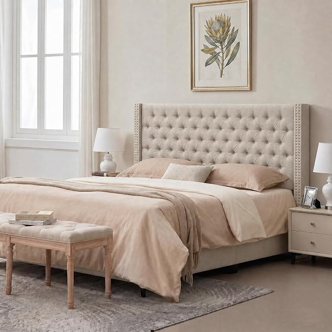 Madison Park King Wingback Upholstered Tufted Headboard, Featuring High-Density Sponge Padding, Adjustable Height Headboard, Easy Assembly, Beige Woven