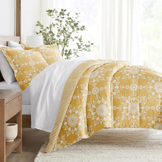 LINENS & HUTCH Comforter Set Patterned Microfiber All Season Down-Alternative Ultra Soft Bedding in Daisy Medallion - Full/Queen Daisy Medallion Yellow