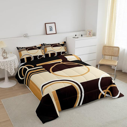 Erosebridal Modern Geometric Comforter Set Twin Size Brown Black Stripes Down Comforter for Kids Adult Retro Circle Swirls Bedding Set Bedroom Decor Abstract Texture Color Art Comforter