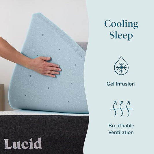 Lucid 2 Inch Memory Foam Mattress Topper, Full Size – Cooling Gel Bed Topper – Pressure-Relieving Plush Feel – Ventilated Breathable Design – CertiPur Certified - Dorm Essentials