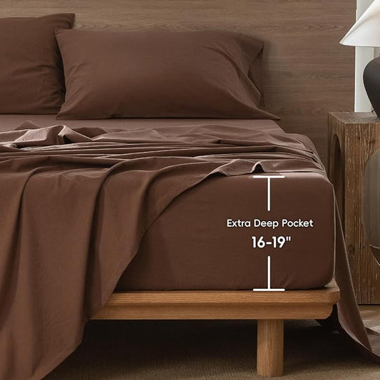 MooMee Fitted Bottom Sheet Only 100% Washed Cotton Linen Like Textured Breathable Durable Soft Comfy Deep Pocket Fits Mattress up to 17" (Cocoa Brown, Queen)