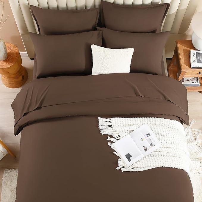 Litanika Queen Comforter Set Brown - 7 Pieces Bed in a Bag Queen Bedding Comforter Sets, Solid Lightweight Bed Set with Comforter, Sheets, Pillowcases & Shams