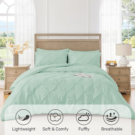 UNIKOME Queen Comforter Set Sage Green - Ultra Soft Boho Pintuck Down Alternative Bedding Set for All Seasons, 3 Pieces Lightweight Warm Pinch Pleat Bed Set with Comforter, 2 Pillowcases