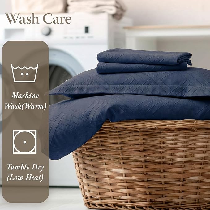 Threadmill California King Size Sheets | 800 Thread Count Jacquard Folkstone Blue | 4 Piece Striped Bed Sheets | Extra Long Staple Cotton Sheets | Luxury Damask Sheet with Elasticized Deep Pocket