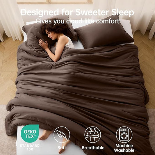 MUXHOMO Queen Comforter Set, All Season Ultra Soft Down Alternative Bedding - 3 Piece Lightweight Bed Set Includes 1 Comforter (90"x90") and 2 Pillow Shams (20"x26"), Dark Brown