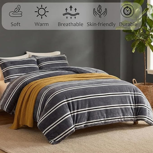 Bedbay Grey Striped Bedding Comforter Set Queen Size Luxury Velvet Fleece Comforter Set 3 Pcs Fluffy Plush Flannel Bedding Set Cozy Reversible Fleece Soft Warm Shaggy Faux Fur Bed Set All Season