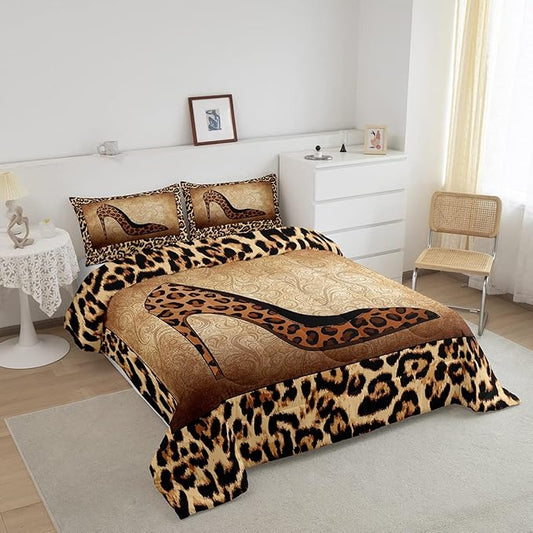 Leopard High Heels Bedding Set Full Size Romantic Mandala Floral Comforter Set 3pcs for Kids Girls Women Adult Room Decor Wild Animals Skin Quilt Set Fashion Brown Duvet Insert,2 Pillowcases