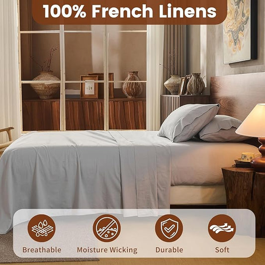 100% Linen Sheets Queen Size,Breathable & Durable 4-Piece Bed Flax Sheet Set,Soft All-Season Bedding for Hot Sleepers 16" Deep Pocket Oeko-TEX Certified,(Queen, Grey)