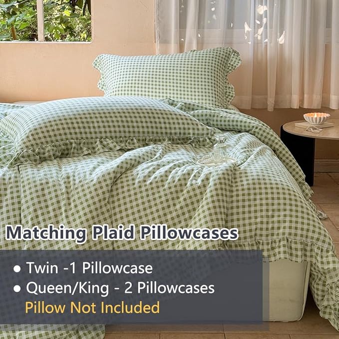 NSNLGSGC Sage Green Ruffle Gingham Comforter Set Twin, Pre-Washed Ruffled Plaid Checked Comforter Bedding, 2 Pieces Vintage Farmhouse Grid Bedding Set(Green Gingham, Twin)