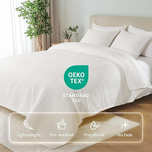 Oversized King Quilt Set 112"x106" โ Soft Washed 3 - Layer Lightweight California King Bedspread, Minimalist Nordic Design, All-Season Spring & Summer Quilt Set (1 Quilt + 2 Pillow Shams), Cream White