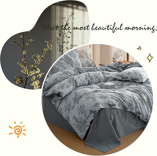 VM VOUGEMARKET Duvet Cover Set King Size Linen Cotton Yarn-Dyed Duvet Cover,Jacquard Garden Floral Pattern Monet Style 3Pieces Bedding Set,Navy Blue