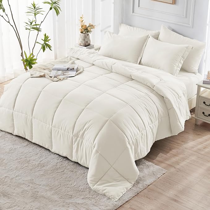 JOLLYVOGUE California King Comforter Set, Ultra-Soft Bed in a Bag Cal King Size 7 Pieces, Oeko-TEX Certified Bedding Set with Down Alternative Comforter, Sheets, Pillowcases & Shams, Ivory