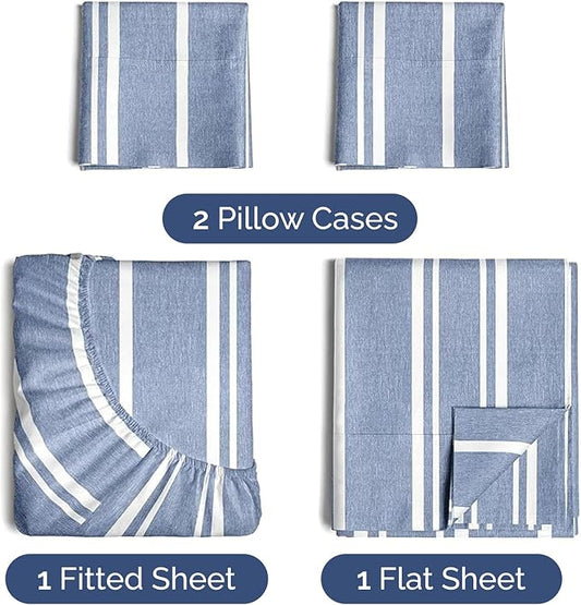 Twin 4 Piece Sheet Set - Comfy Breathable & Cooling - Soft Hotel Luxury Bedding Set with 8-16 Inch Deep Pockets - 1 Flat & 1 Fitted Sheet & 2 Pillowcases - Wrinkle Free & Easy Care - Blue Stripes 3