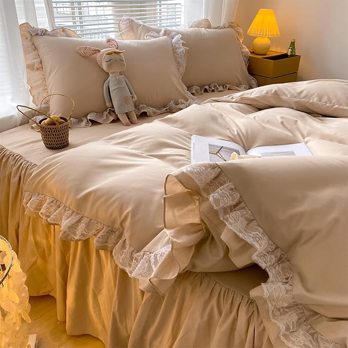 Chic Ruffle Lace Polyester Duvet Cover Set - Luxury Premium Champagne Bedding-2 Piece Twin Duvet Cover with Zipper Closure -Ultra Soft and Light Weightt (Champagne, Twin)-NO Including Comforter