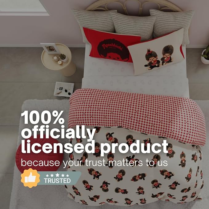 Monchhichi Bedding 7 Piece Full Bed Set, Soft Cozy Nostalgia Reversible Comforter and Sheet Set with Sham, (Officially Licensed Product) by Franco