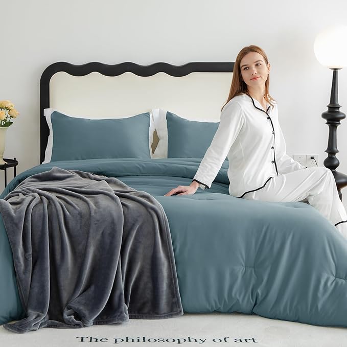 CozyLux King Size Comforter Set Mineral Blue, 3 Pieces Solid Comforters King Size Breathable Quilted Bedding Sets, Luxury Soft Lightweight Bed Set with Down Alternative Comforter and 2 Pillowcases