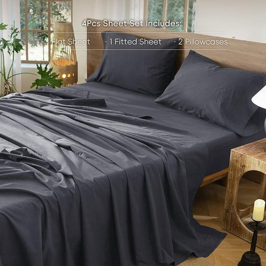 MooMee Bedding Sheet Set 100% Washed Cotton Linen Like Textured Breathable Durable Soft Comfy (Solid Deep Grey, Queen)